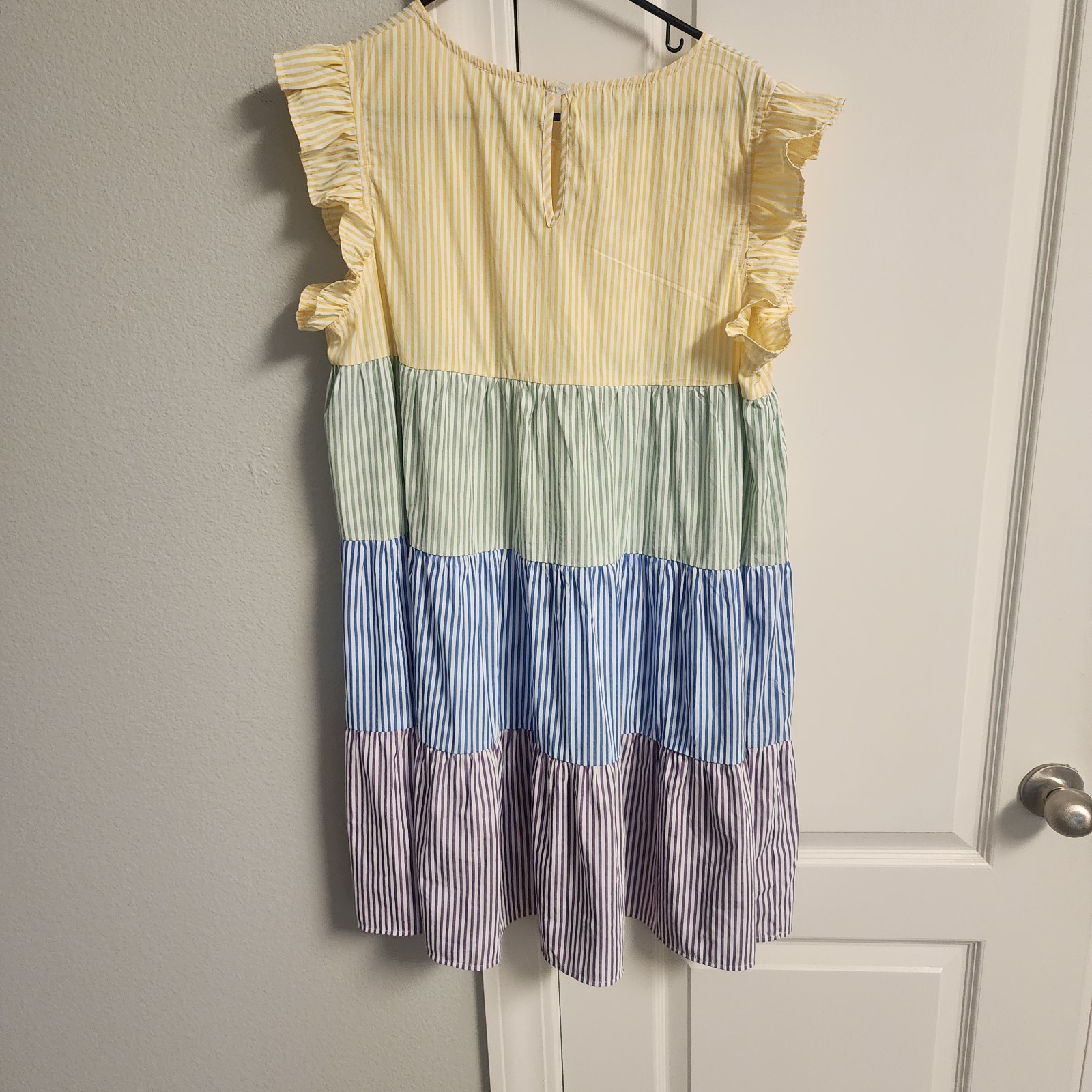 Bibi Dress Womens Size Large Yellow Green Blue Purple Stripes Ruffle Sleeve