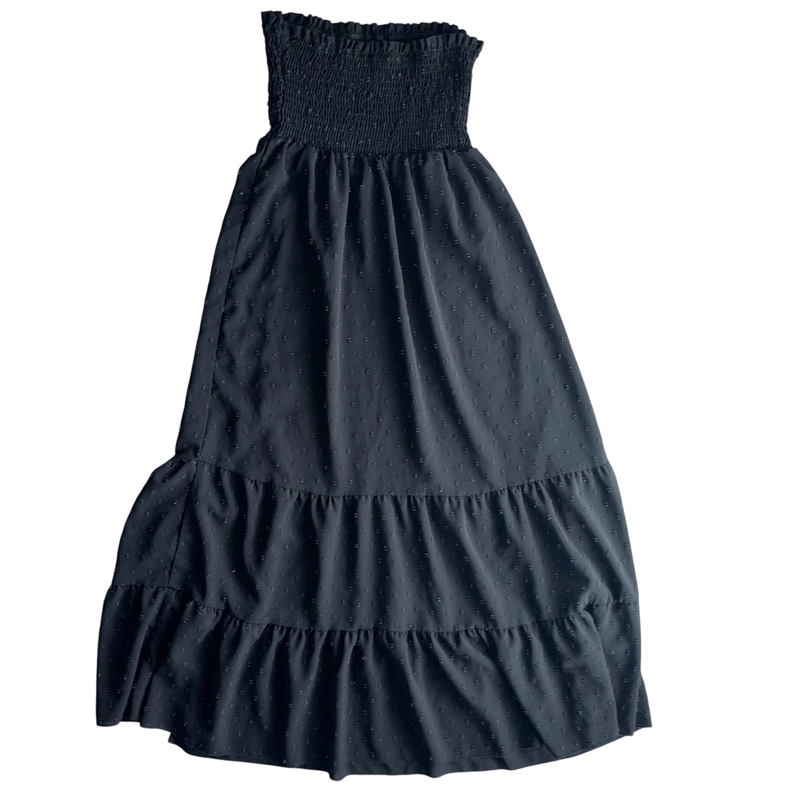 Black Swiss Dot Smocked Tiered Maxi Skirt Strapless Dress Boho Whimsigoth Small