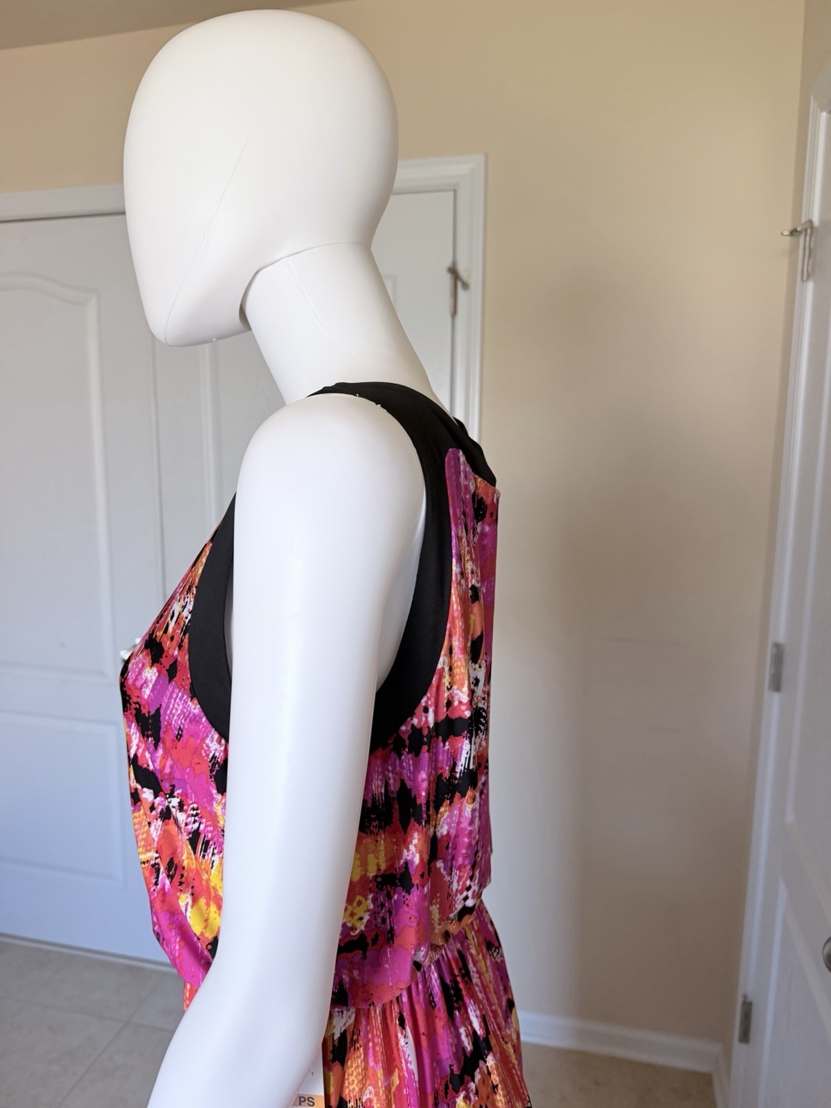 NWT $68 Pink Multi-Color Printed Maxi Summer Dress with Black Trim Size PS