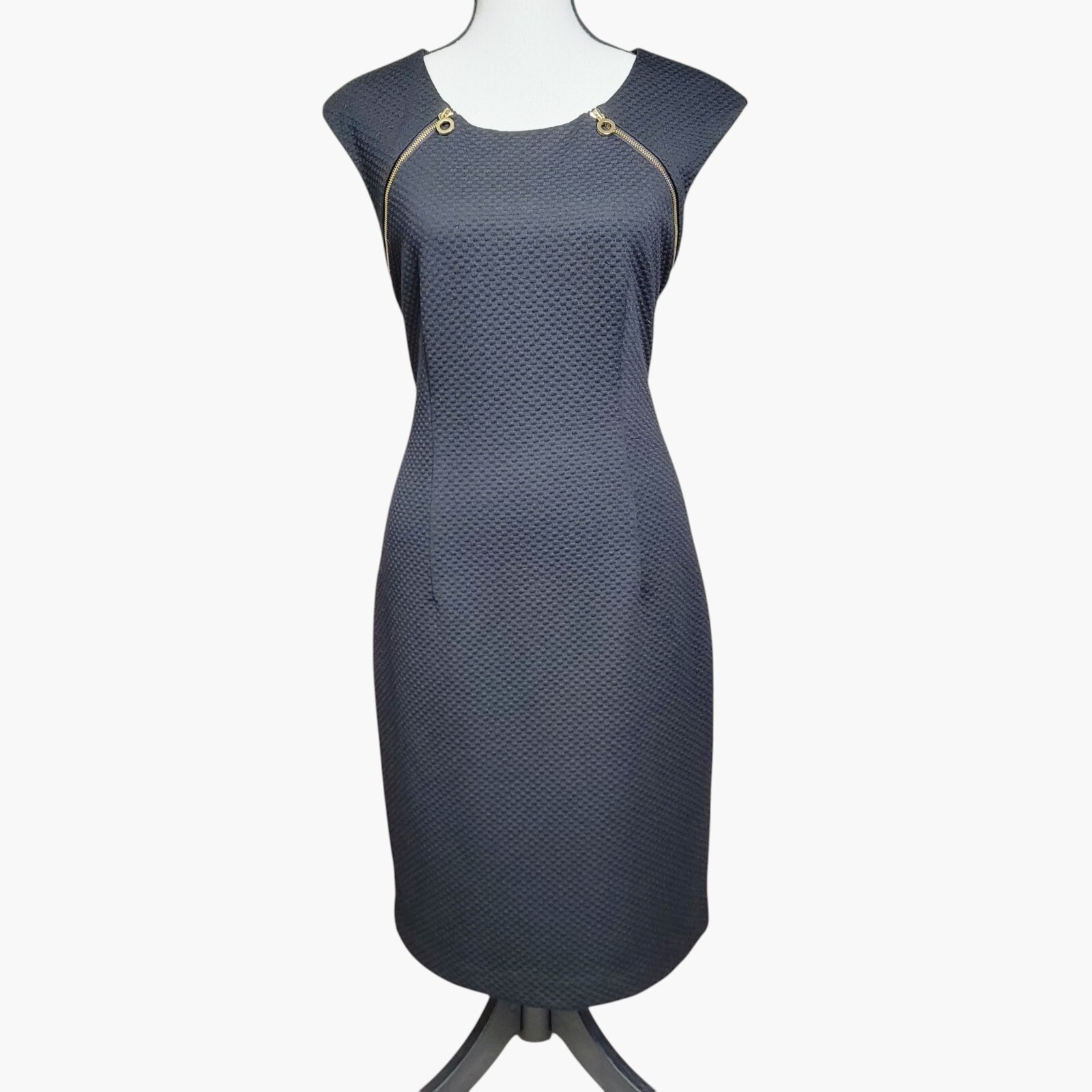 Calvin Klein Black Sheath Dress with Textured Fabric and Gold Zipper Accents
