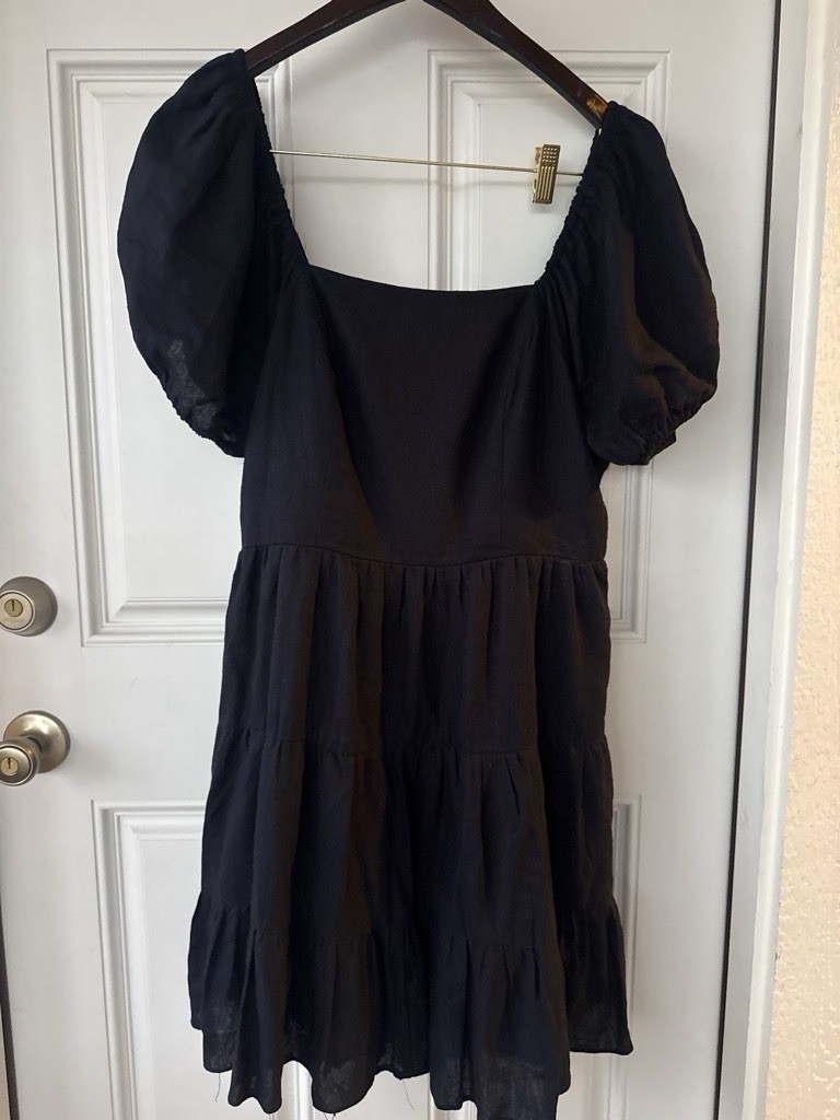 CeCe Blue Linen Rayon Solid Square Neck Open Back Tiered Mini Dress Women’s L