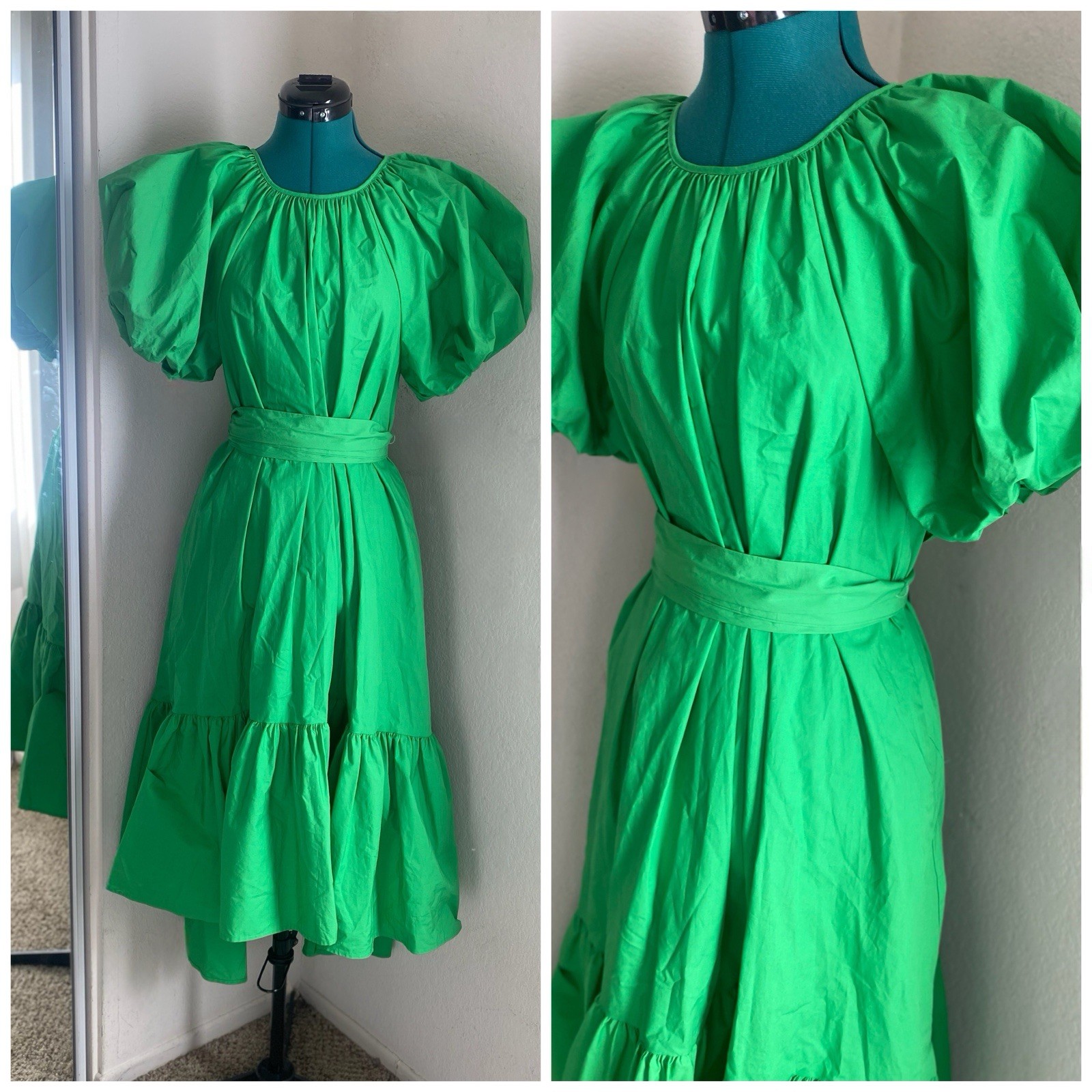 Christopher John Rogers Neon Green Puff-Sleeve High-Low Dress Size M