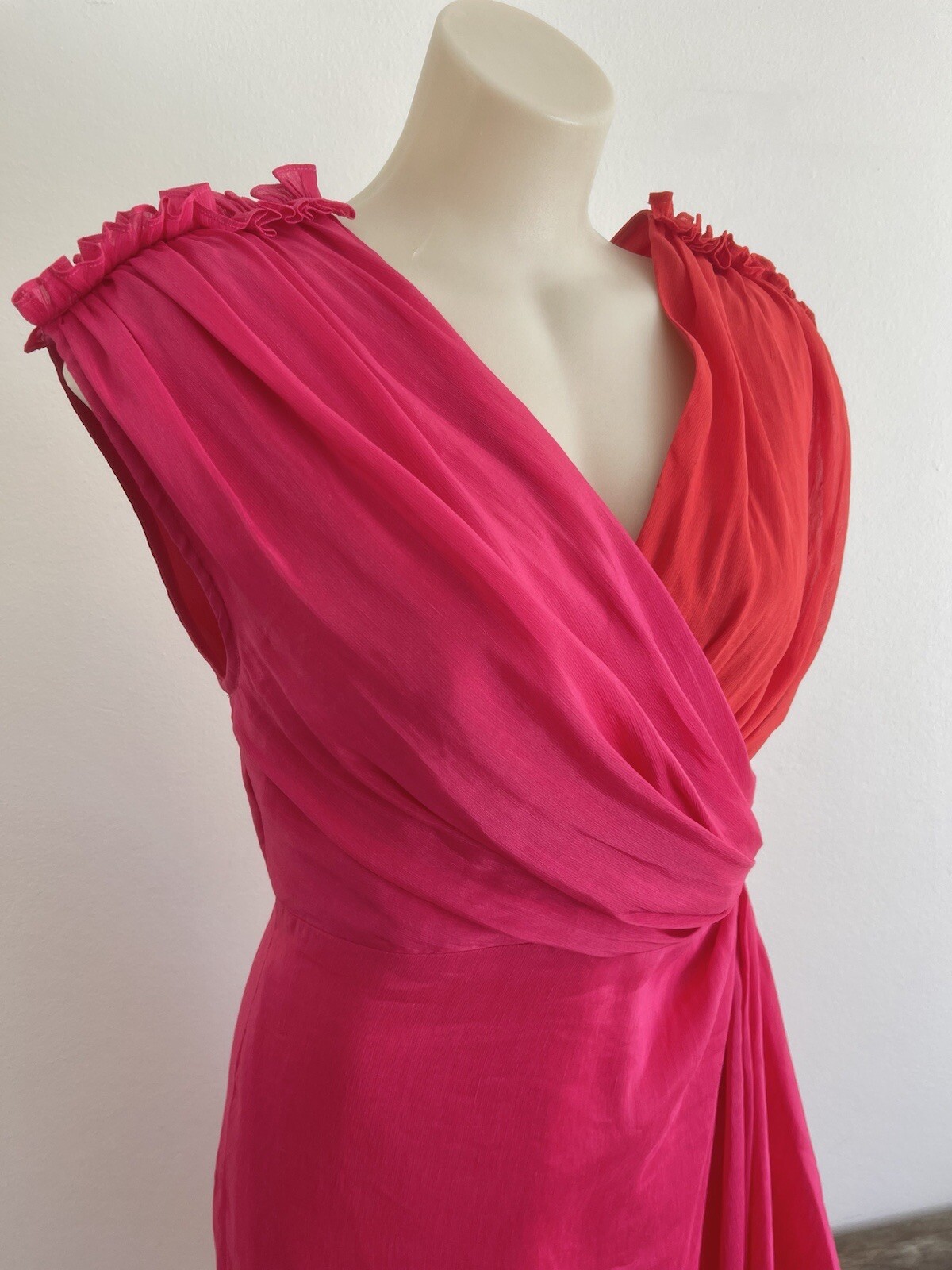 LEO LIN Silk Midi Dress Pink Red Draped Asymmetric Grecian Party Size AU 12 L