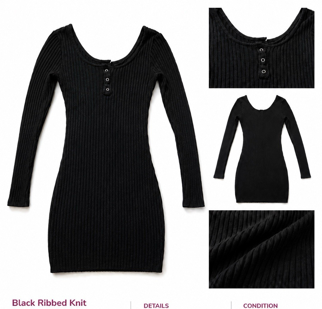 Black Ribbed Knit Bodycon Mini Dress Scoop Neck Button Long Sleeve Stretch S