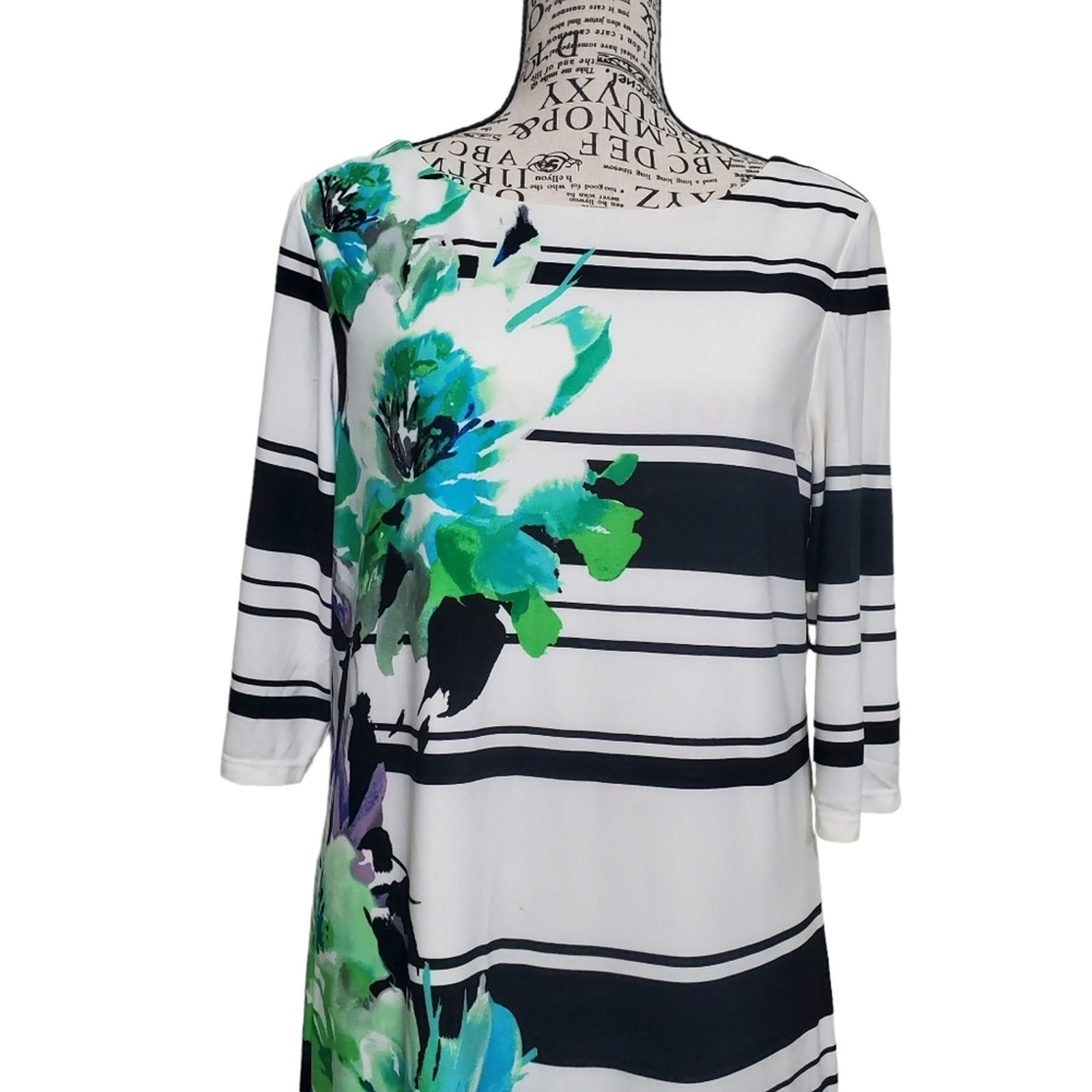 Studio One New York Cream & Black Striped Green Floral Print Midi Dress Medium