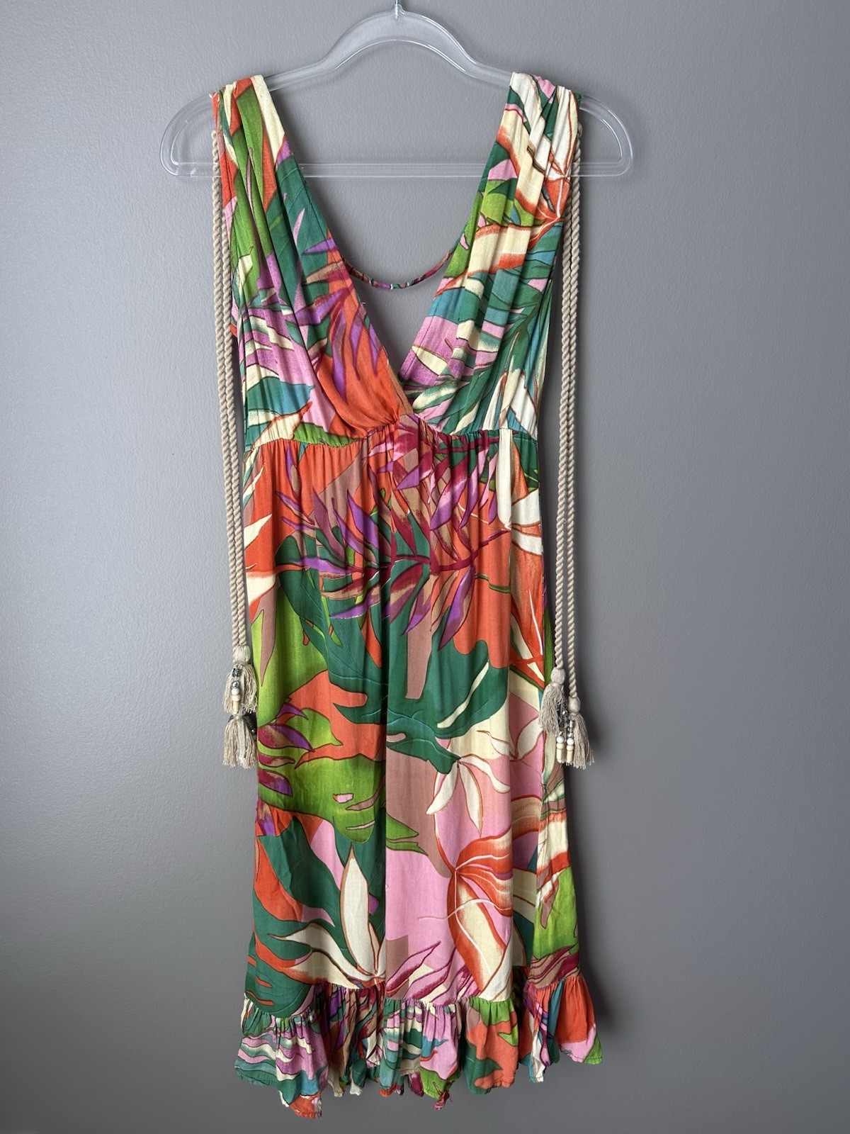 True Destinations Tropical Floral V-Neck Tassel Detail Resort Wear Dress Women S
