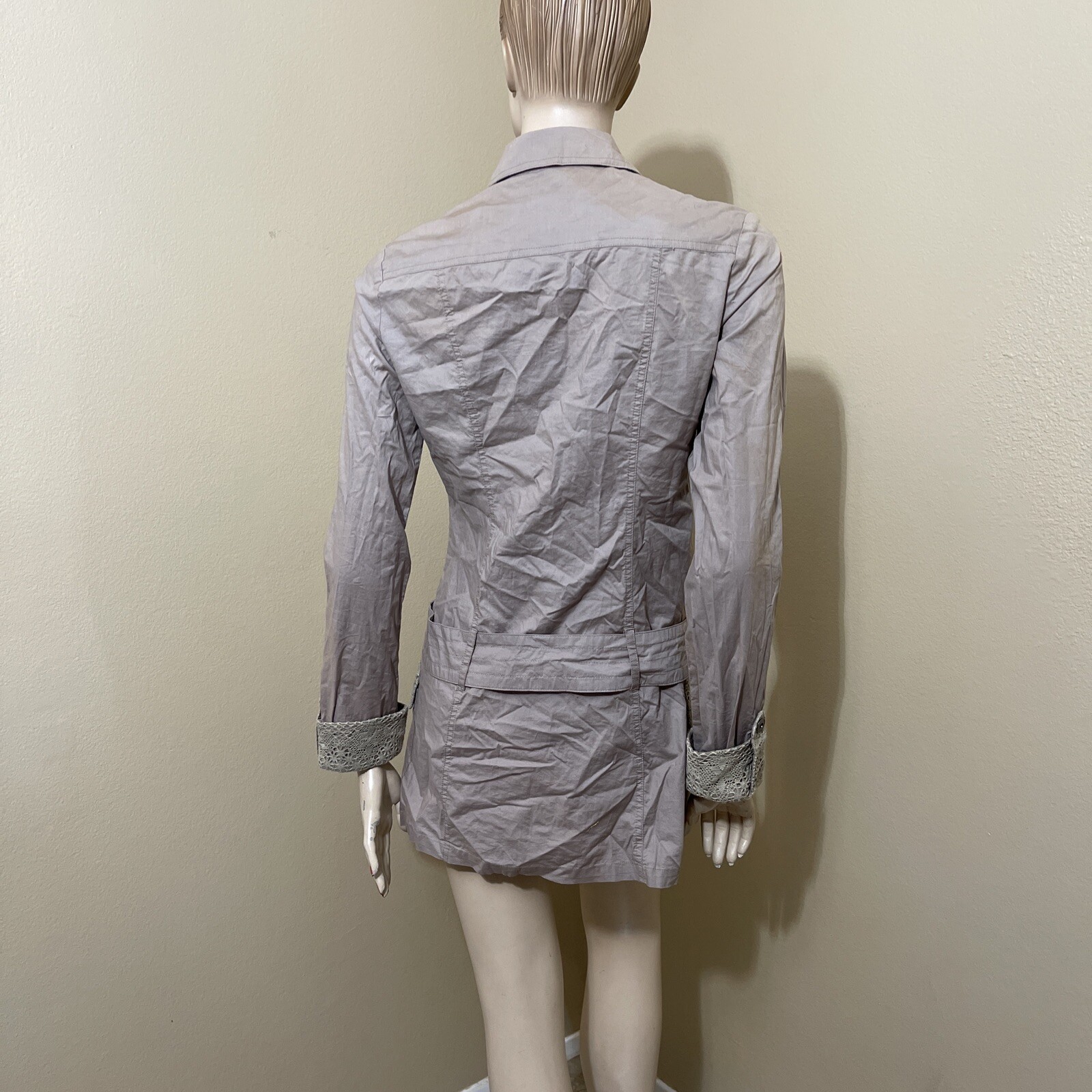 Women’s Beige Cotton Casual Collared Belted Lace Pickets Size S Button-up Dress
