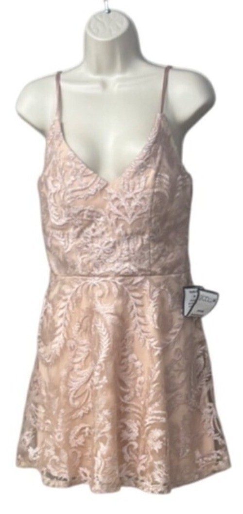 Speechless Juniors’ Shimmer Embroidered Fit & Flare Dress Nude Blush, Sz. 9