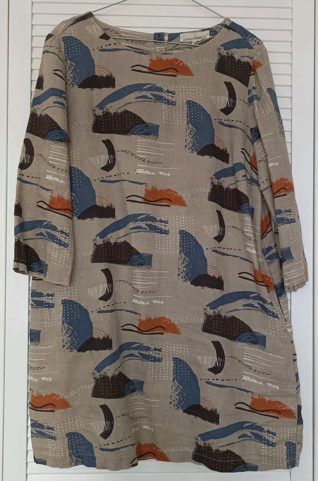 Seasalt Sol Blaze Gymi Linen Tunic Dress Taupe Abstract Design 12 RRP £69.95