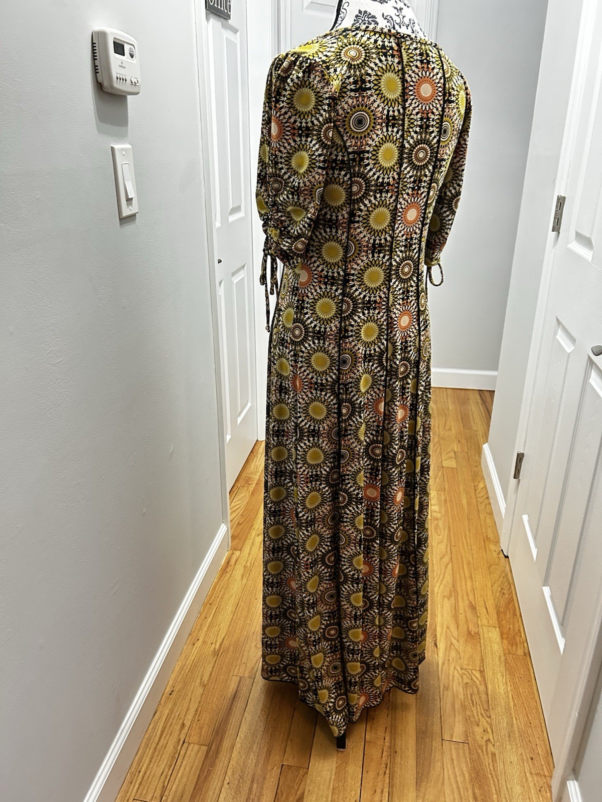 NEW Small Maxi Medallion Print womans Dress Wrinkle Free flowy Stretchy Yellow