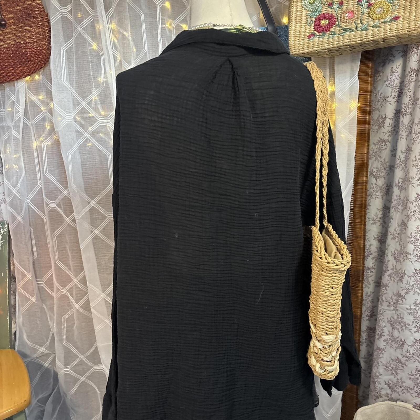 Shade & Shore Black Cotton Gauze Beach Cover Up Shirt Dress Boho Resortwear