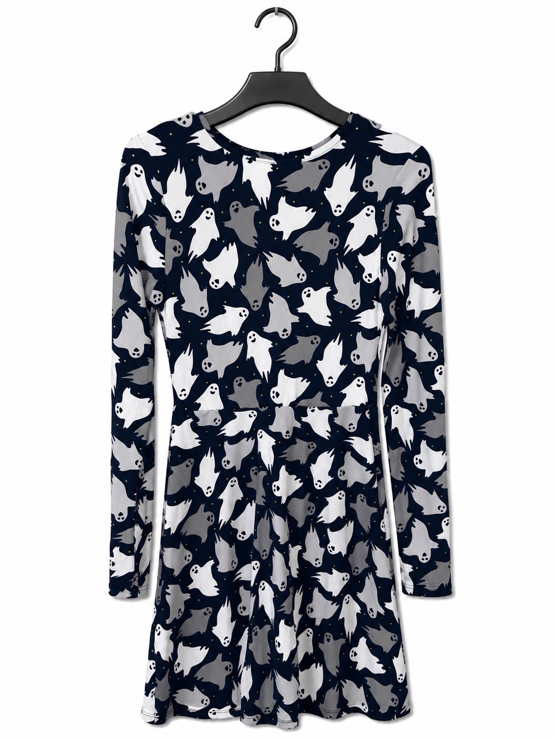 No Comment Women’s S Navy White Gray Ghost Print V-Neck Long Sleeve Short Dress