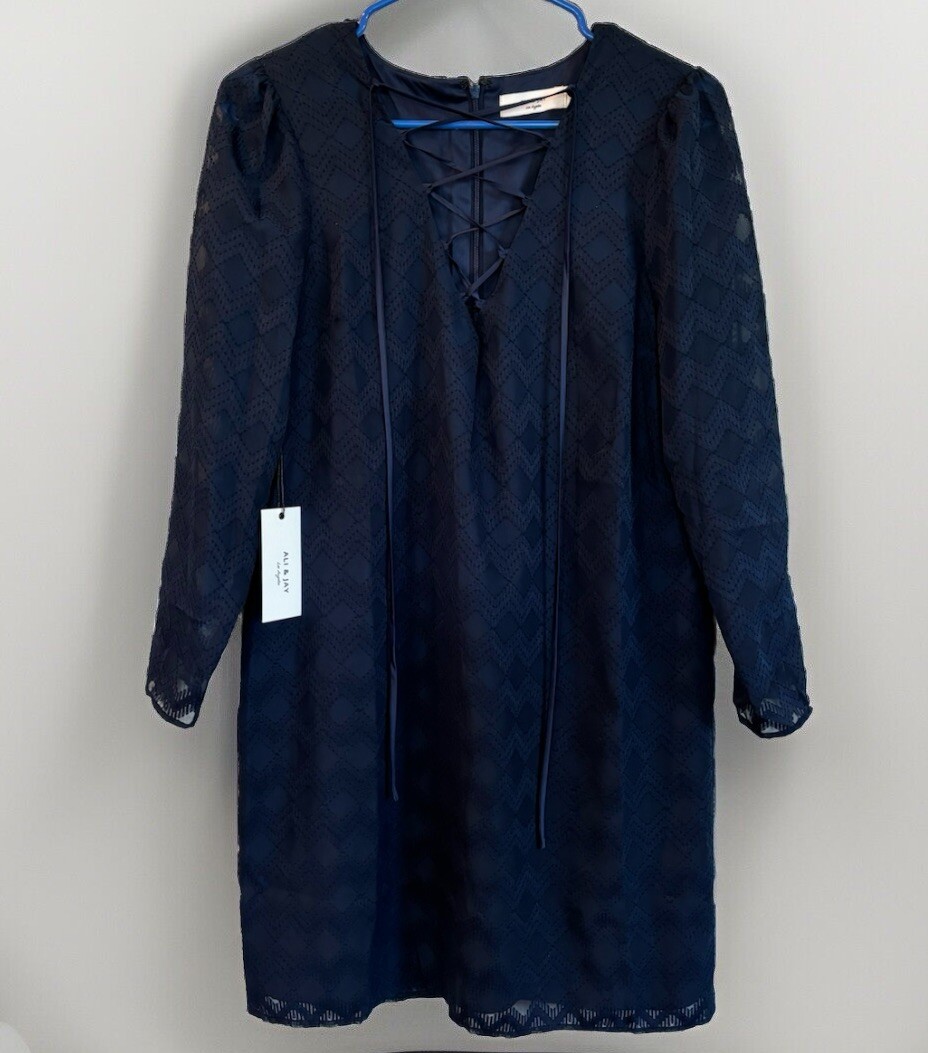 Ali & Jay Navy Blue Chevron Textured Mini Dress Size M NWT Long Sleeve Lined
