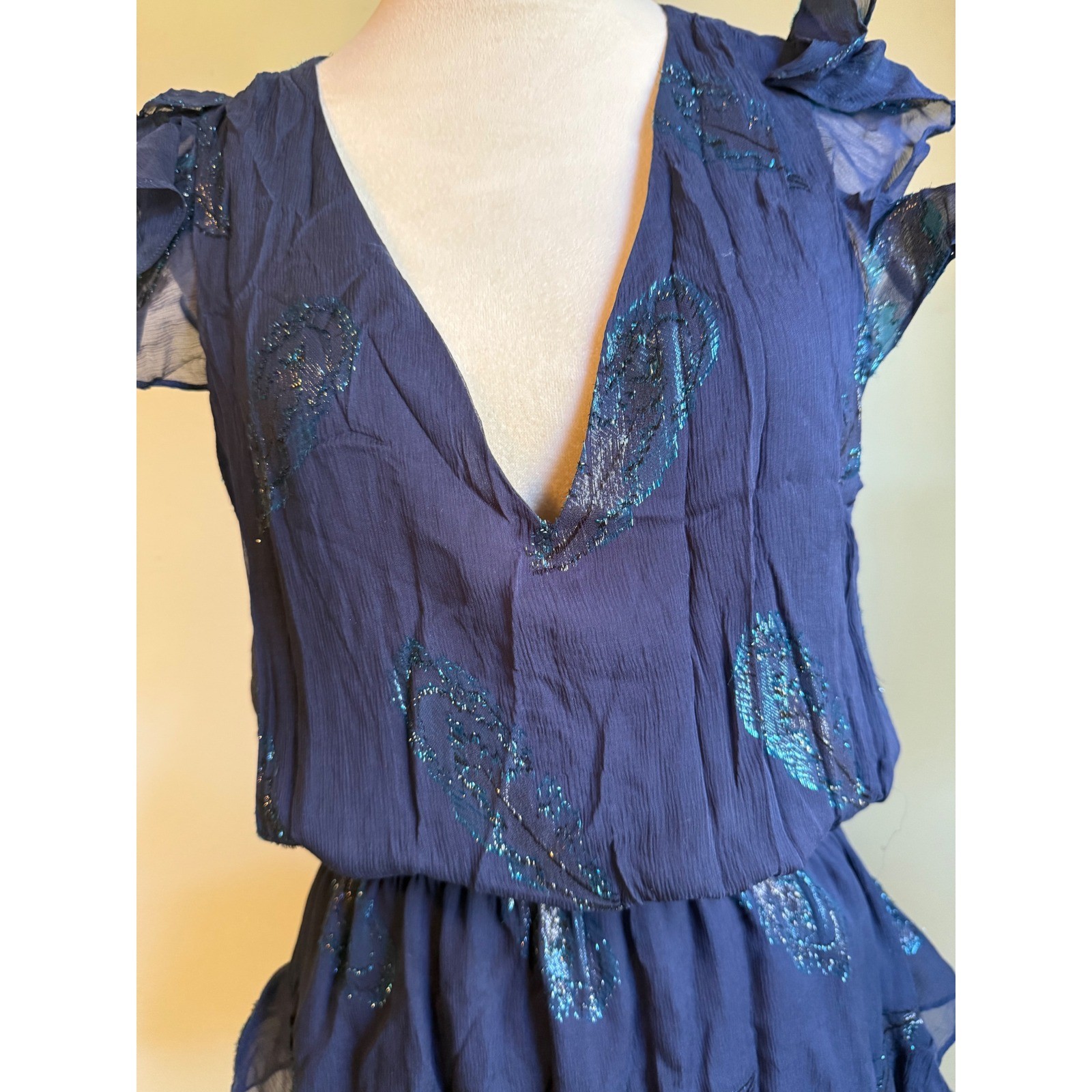Ramy Brook Navy Blue Metallic Feather Silk Ruffle Mini Dress M boho whimsidainty