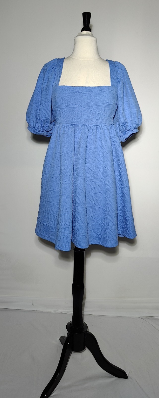 Free People Violet Mini Dress Size S Blue Textured Square Neck Puff Sleeve Boho.