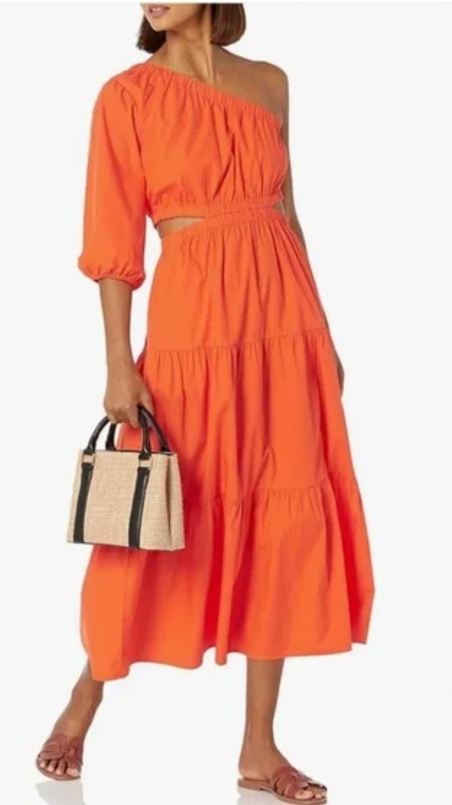 The Drop Womens One Shoulder Cut-Out Tiered Midi Dress Orange Size Large NWT