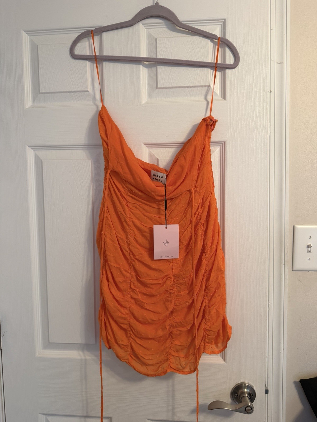Hello Molly Orange Ruched Mini Dress Threading Ruffle Size XL