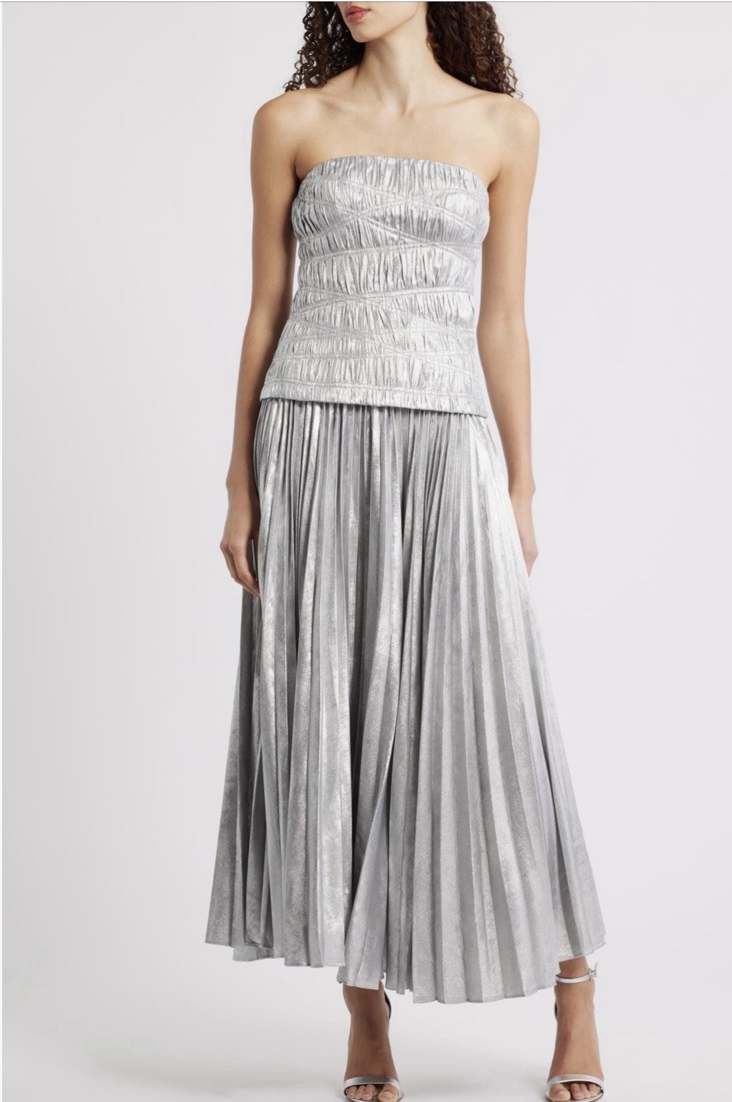 Acler Rockland Midi Dress Strapless Pleated Dove Metallic Women’s US 4