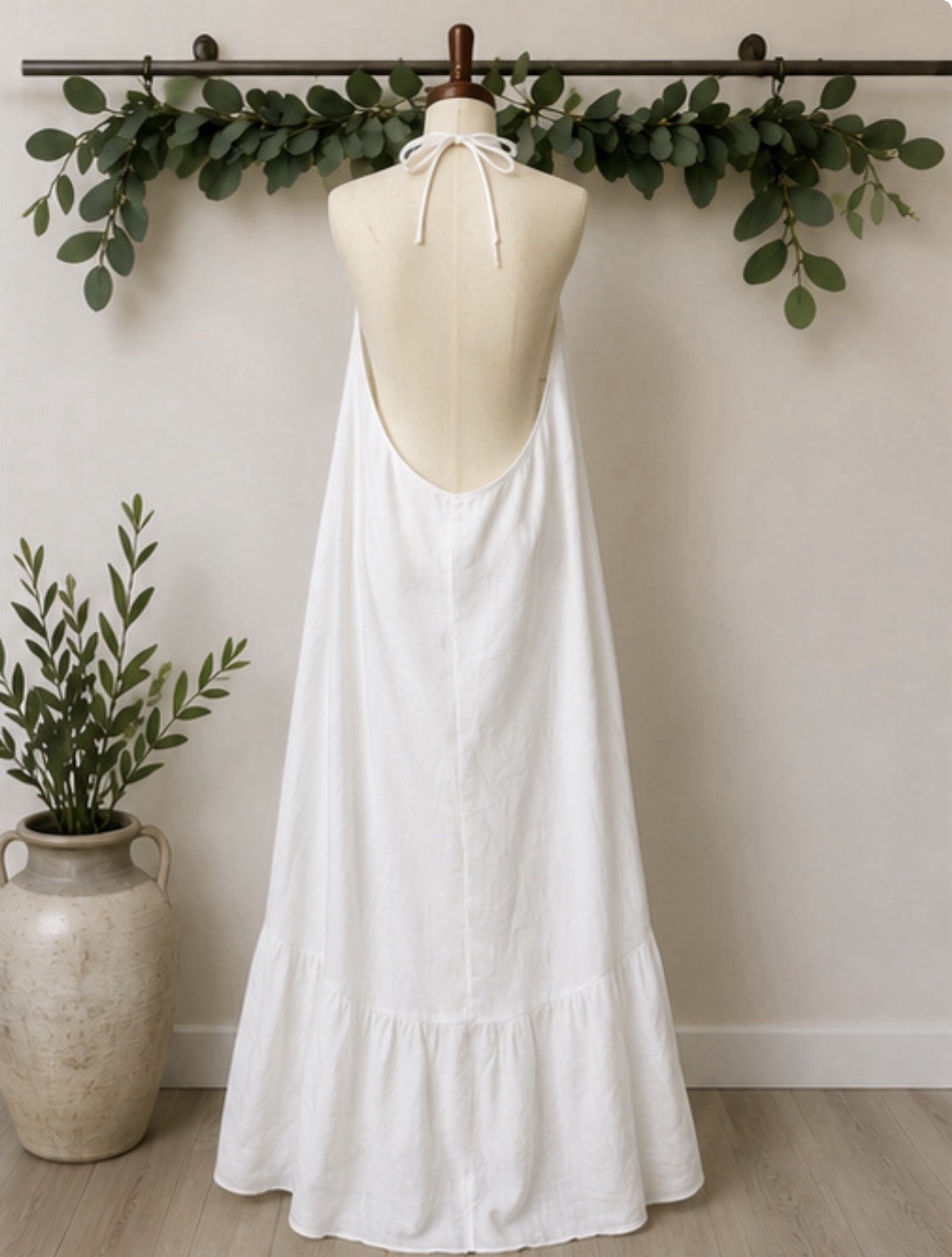 Made in Italy 100% Linen White Halter Maxi Dress Open Back Ruffle Hem L