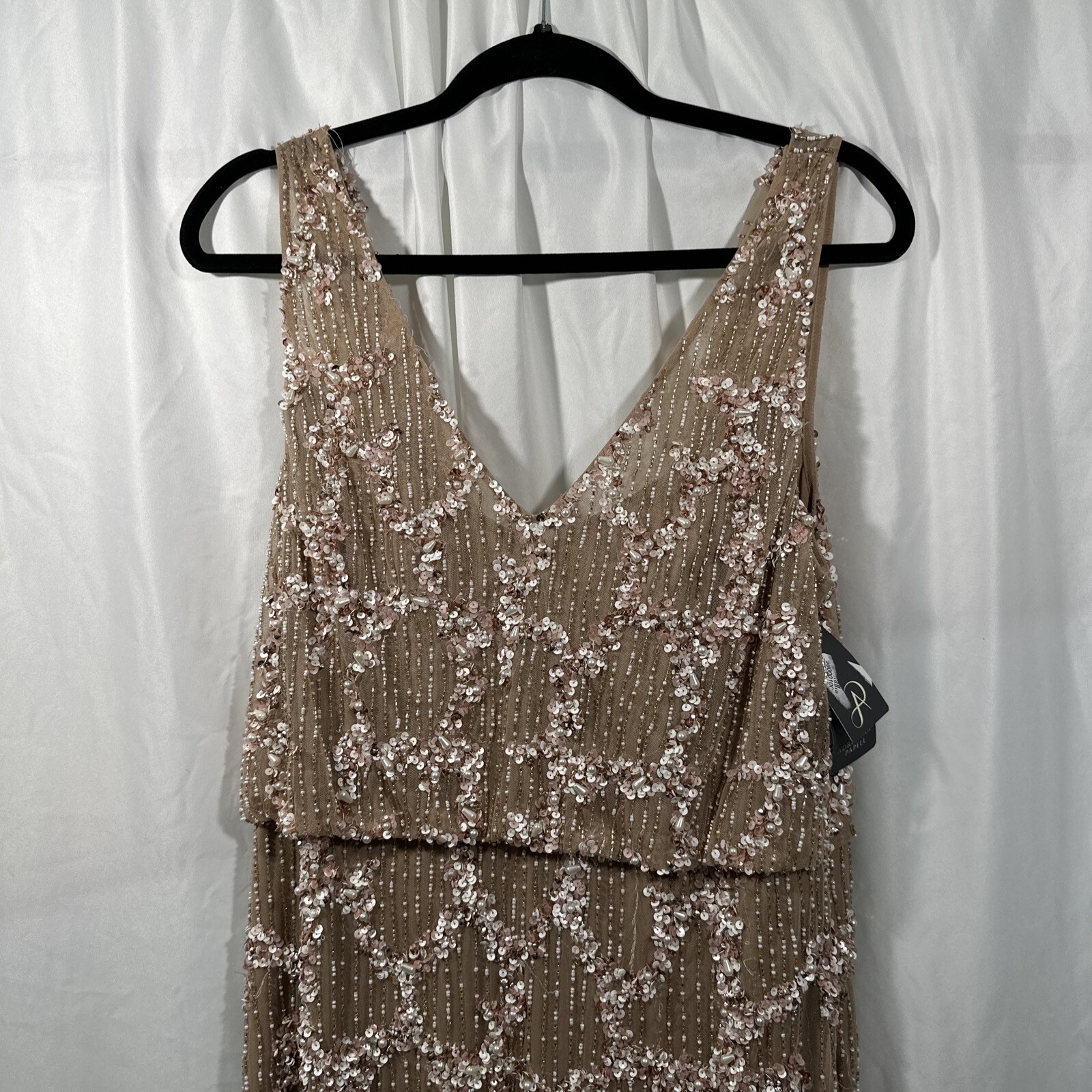 NWT $329 Adrianna Papell [ 14 ] Embellished Cowl-Back Gown in Champagne #G1167