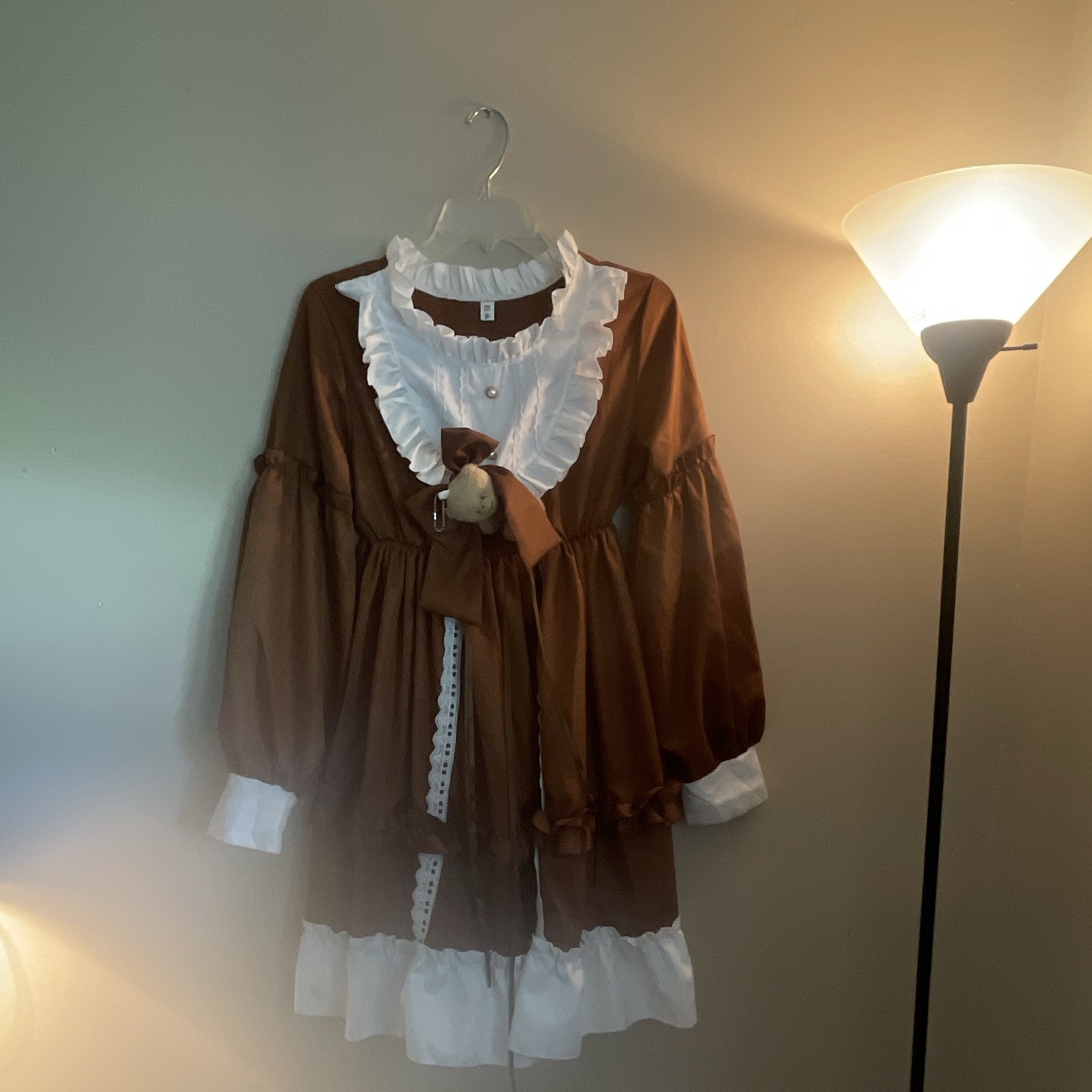 Brown/White Lolita A-Line Dress Ruffle Lace Bow Teddy Bear Collared 1SZ