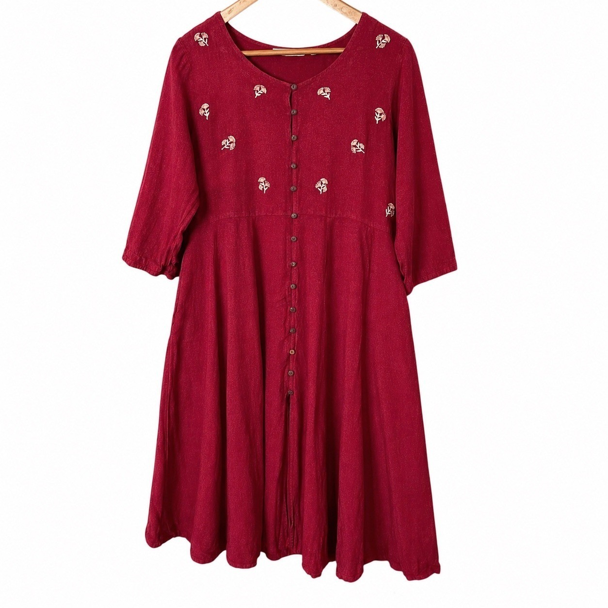 Boho Fuchsia Flower Embroidered Button Up Midi Dress Size M Festival Cottagecore