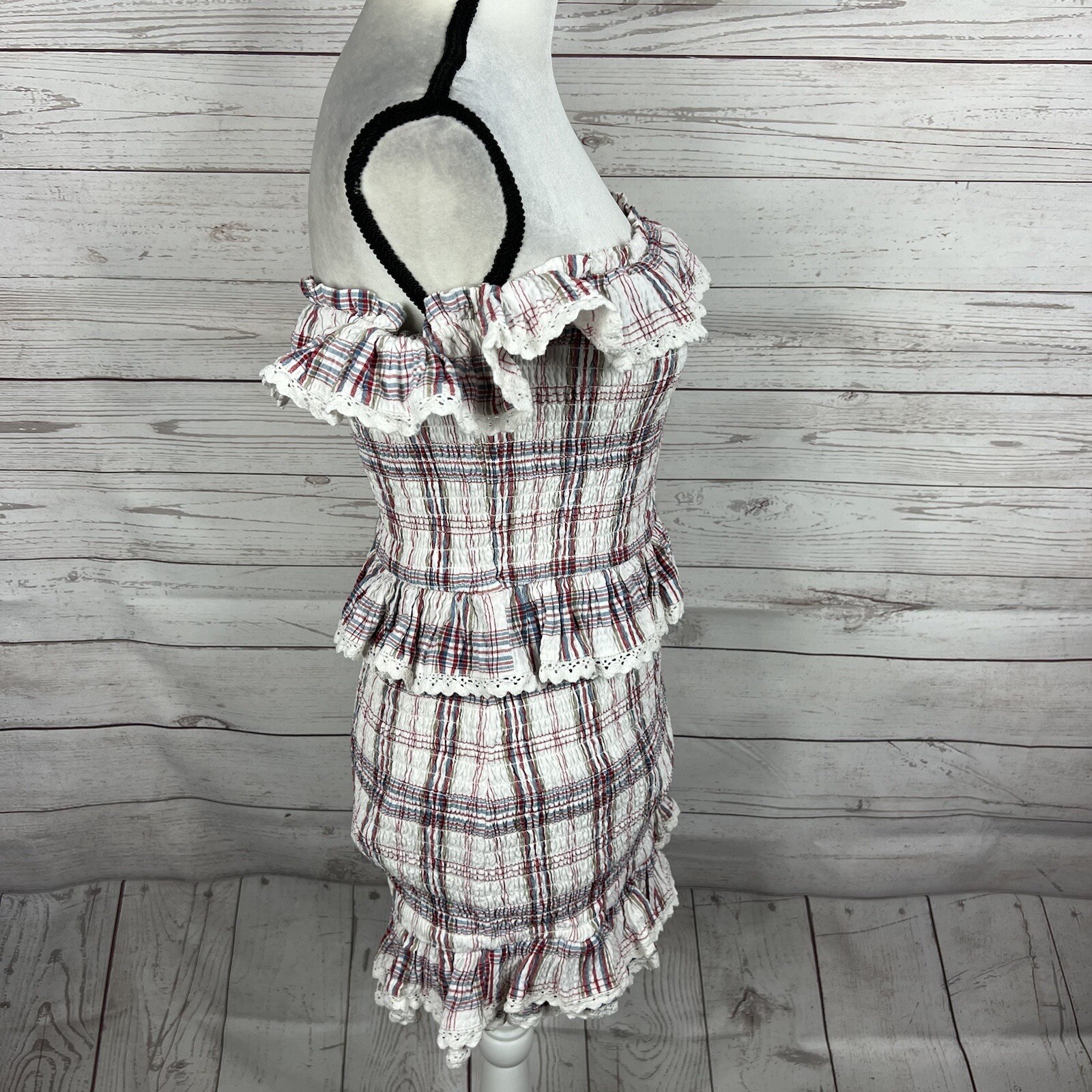 Tularosa Revolve Teri Dress Size Medium Plaid Ruffle Smocked Off Shoulder Mini
