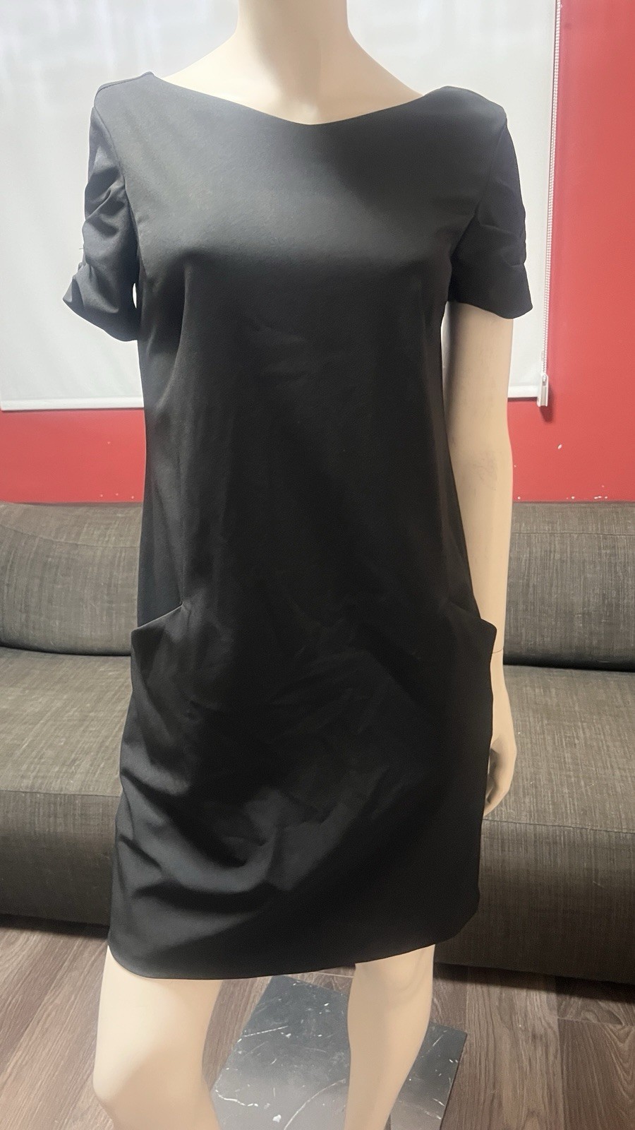 Sandro Ferrone women black shift mini dress puff sleeves side pocket classic