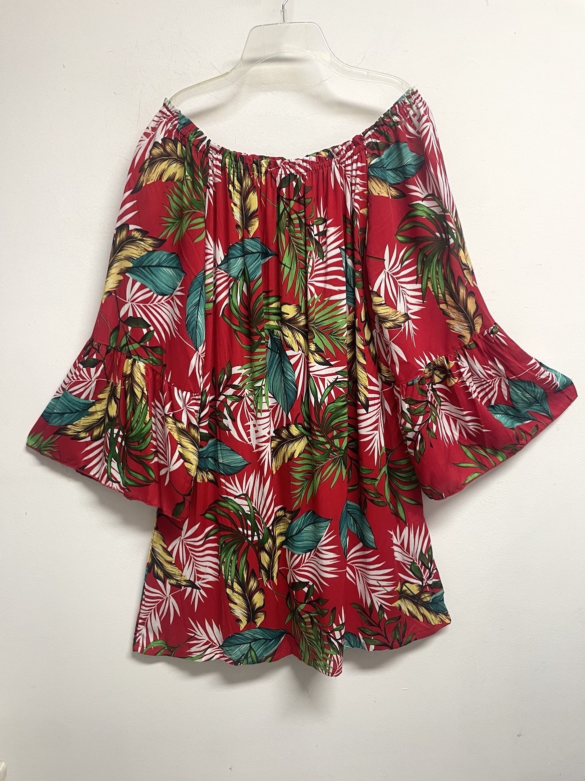SEVEN ISLANDS Red Tropical Floral Off-Shoulder Bell Sleeve Dress – Women’s 2X