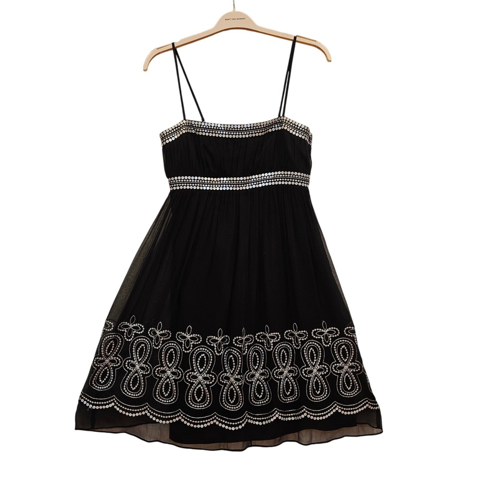 Maggy London Black 100% Silk Beaded Empire Waist Cocktail Mini Dress Womens 6