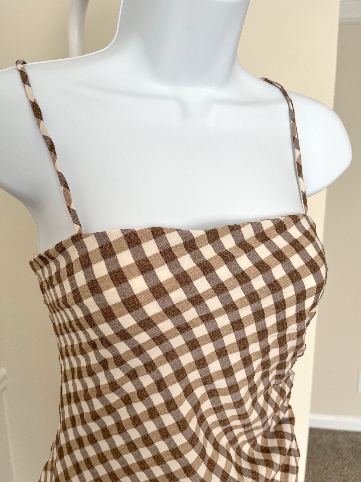 NWT ZARA Sleeveless Gingham Midi Dress Brown White Ruched Slit Women’s Medium