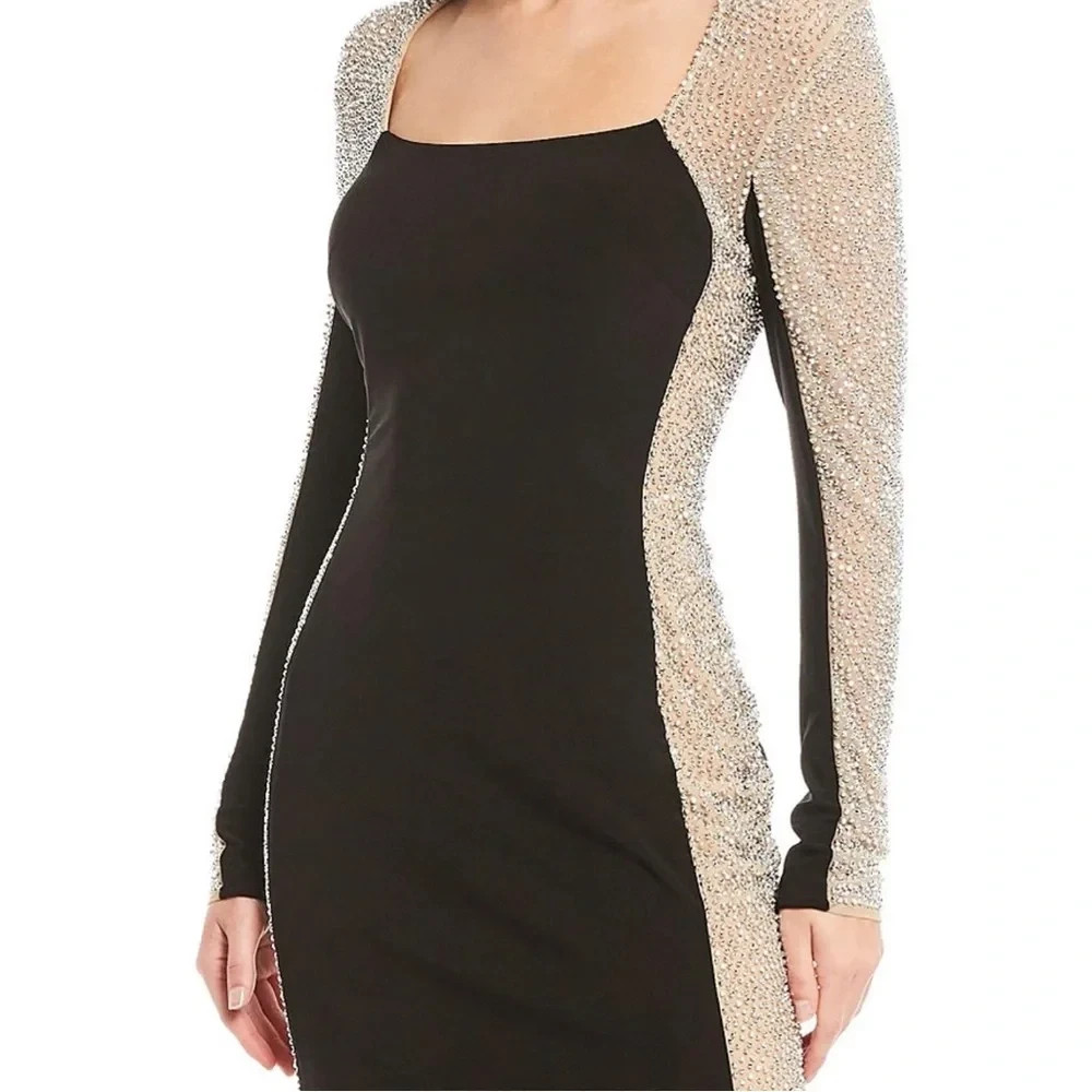 Xscape Black Nude Silver Crystal Beaded Long Sleeve Gown Size 8 $298