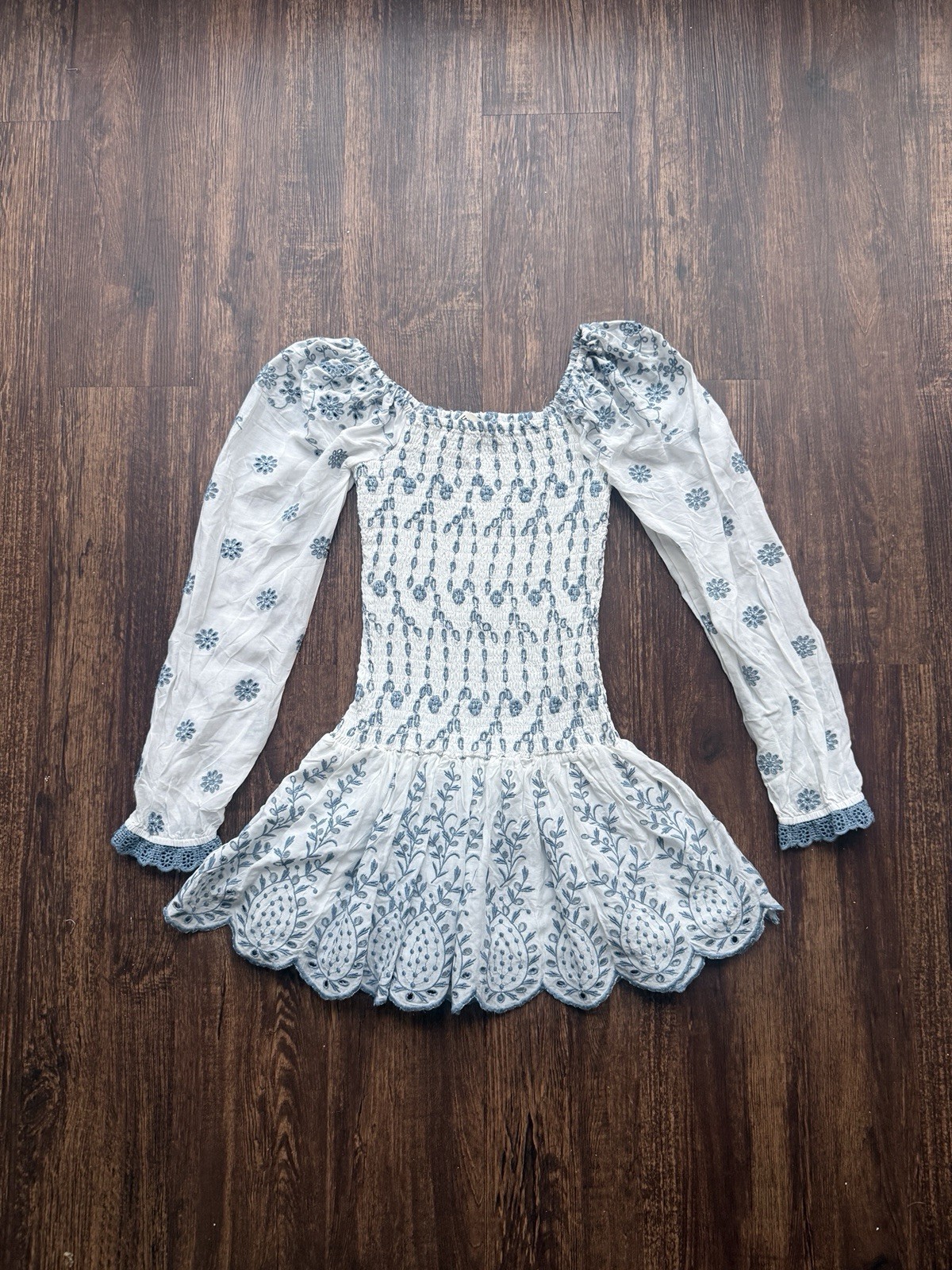 For Love Bell Blue White Embroidered Smocked Mini Dress Boho Cottagecore- Size S