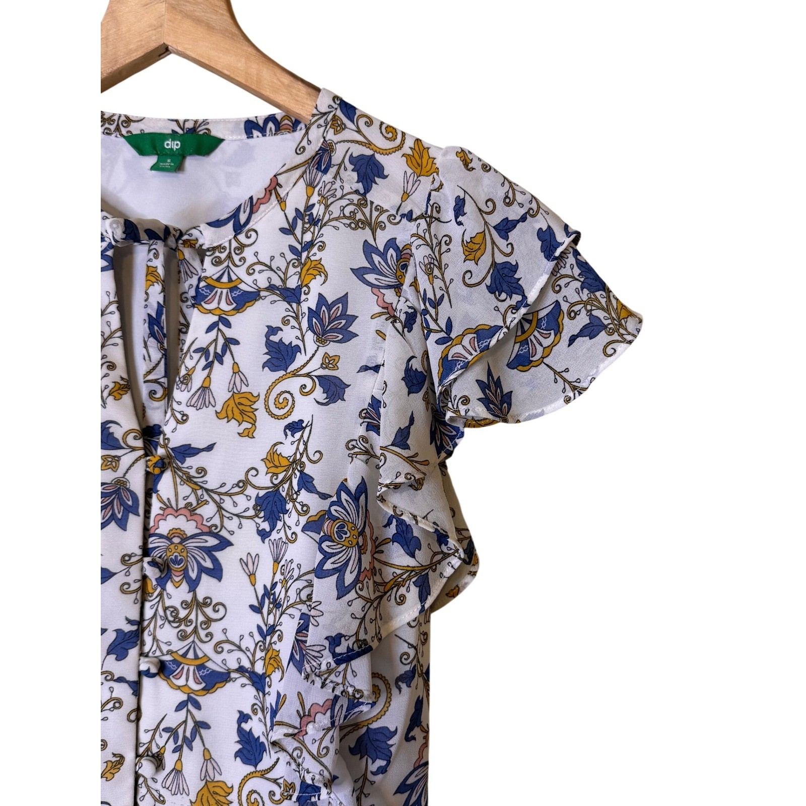 Dip Womens Blue Floral Cottagecore Midi Dress Ruffle Sleeve Tie Back Size Small