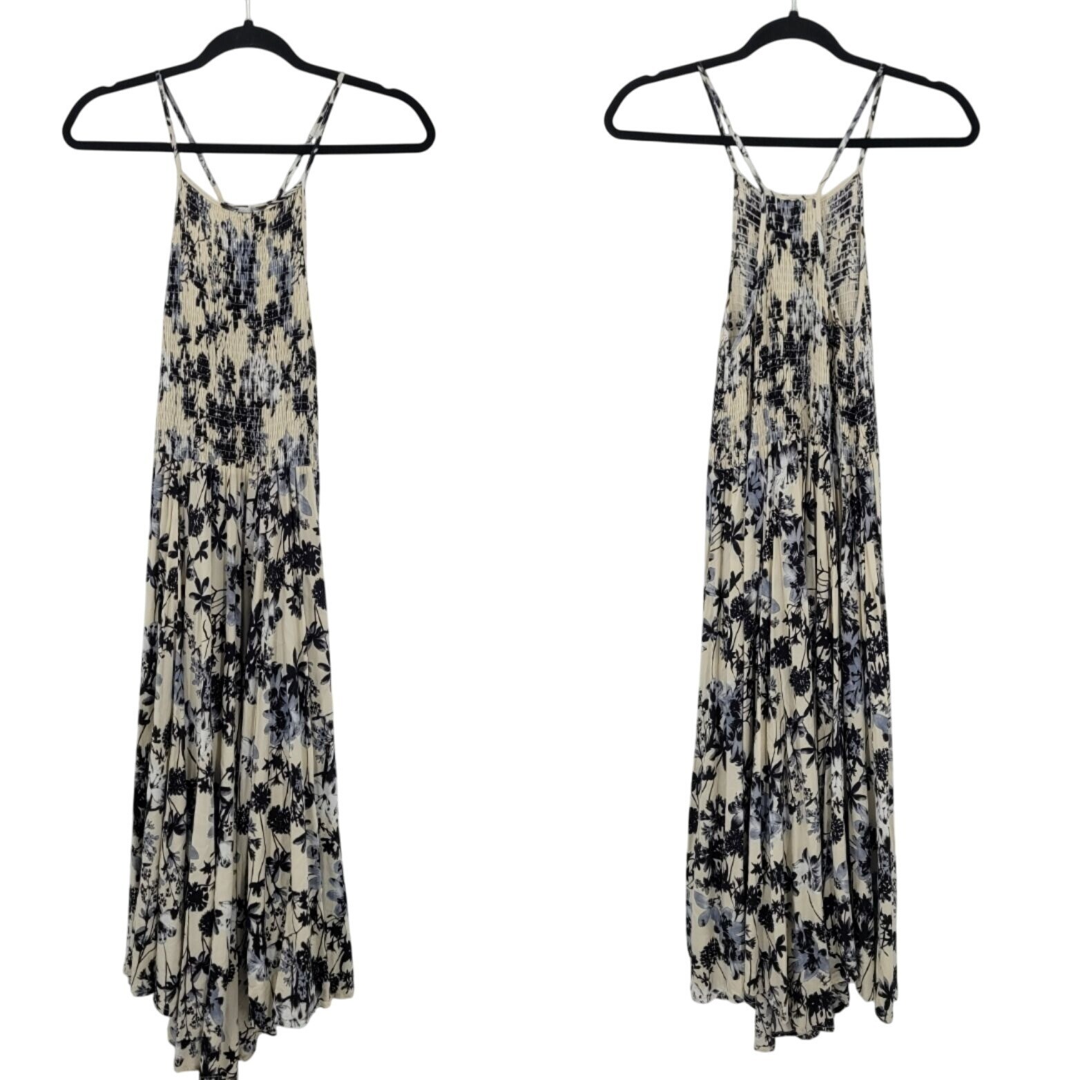 Lira Floral Cami Smocked Racerback Midi Dress Sz S Navy White Strappy Beach Boho