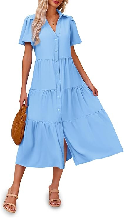 Fisoew Button Down Shirt Dress Summer Short Sleeve Flowy Midi Dress Women’s S