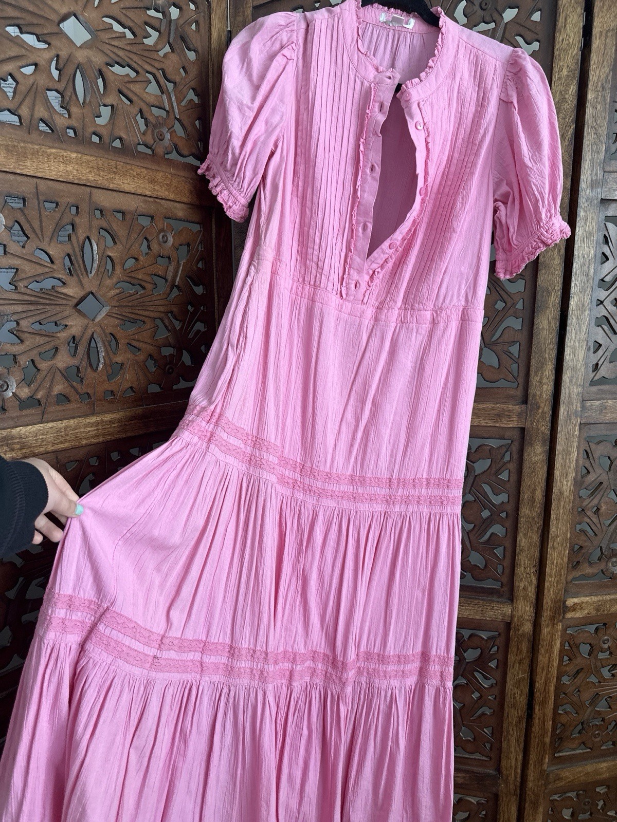 Pink Cotton Maxi Dress Puff Sleeves Ruffle Pleated Button High Neck Women
