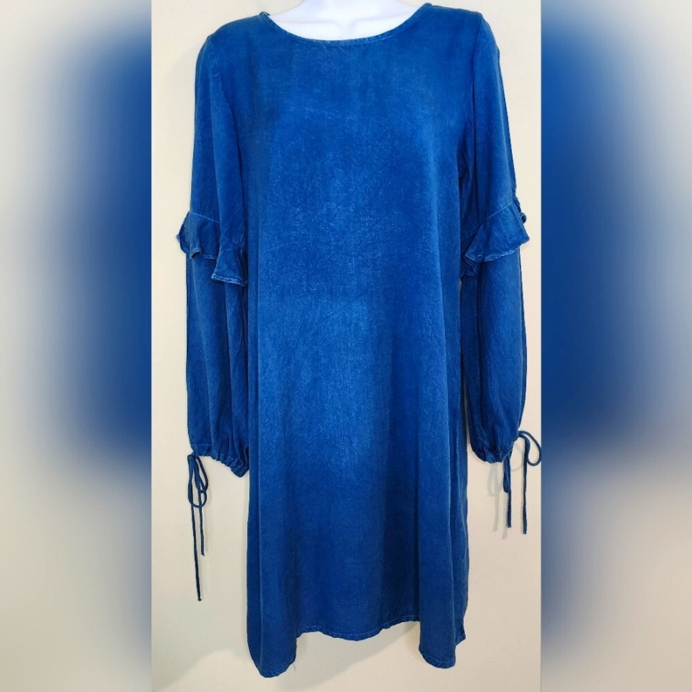 Style Envy Womens Long Sleeve Dress Size S Dark Chambray Shift Ruffle Americana