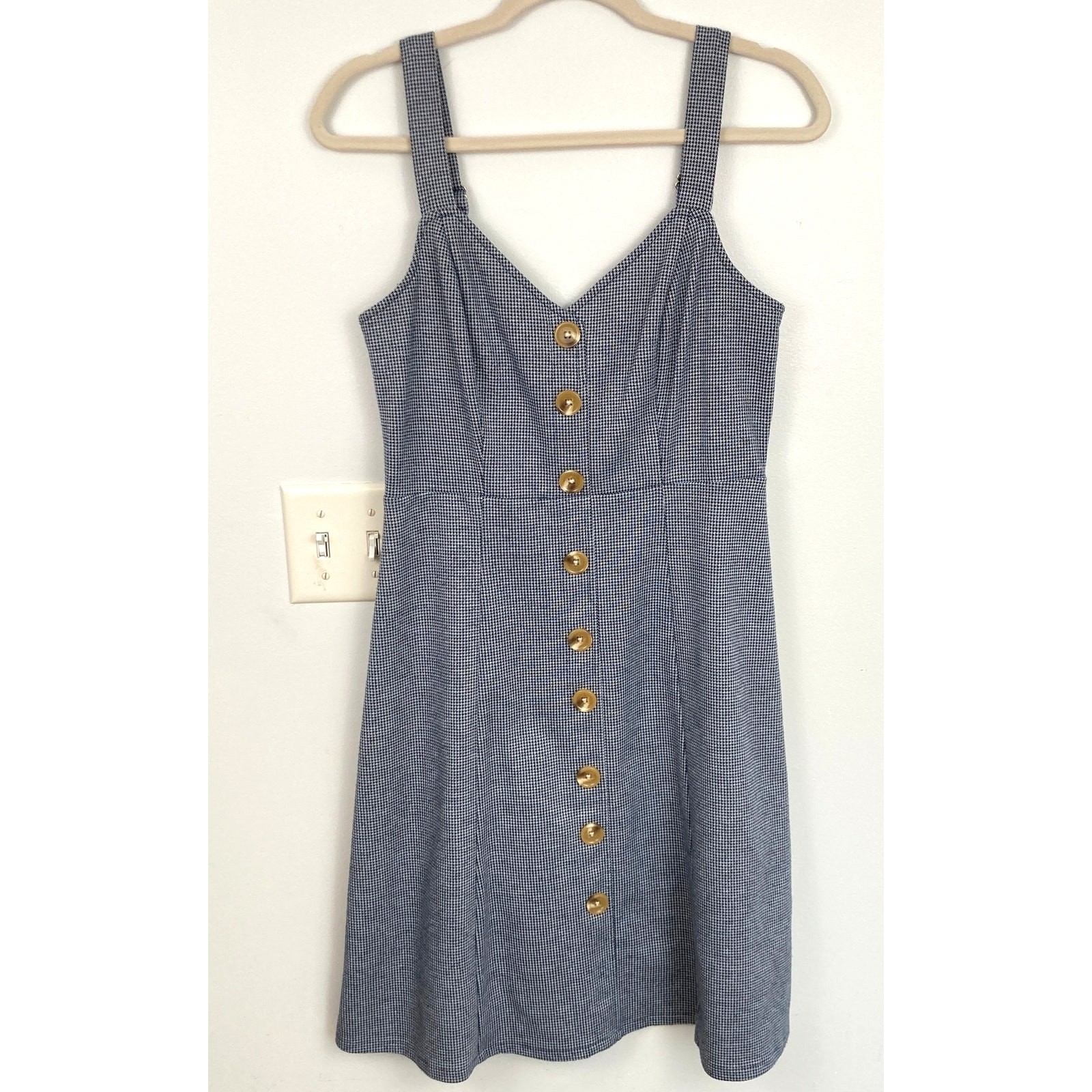 Modcloth Womens M Blue Houndstooth Button Front Jumper Dress Twee Academia