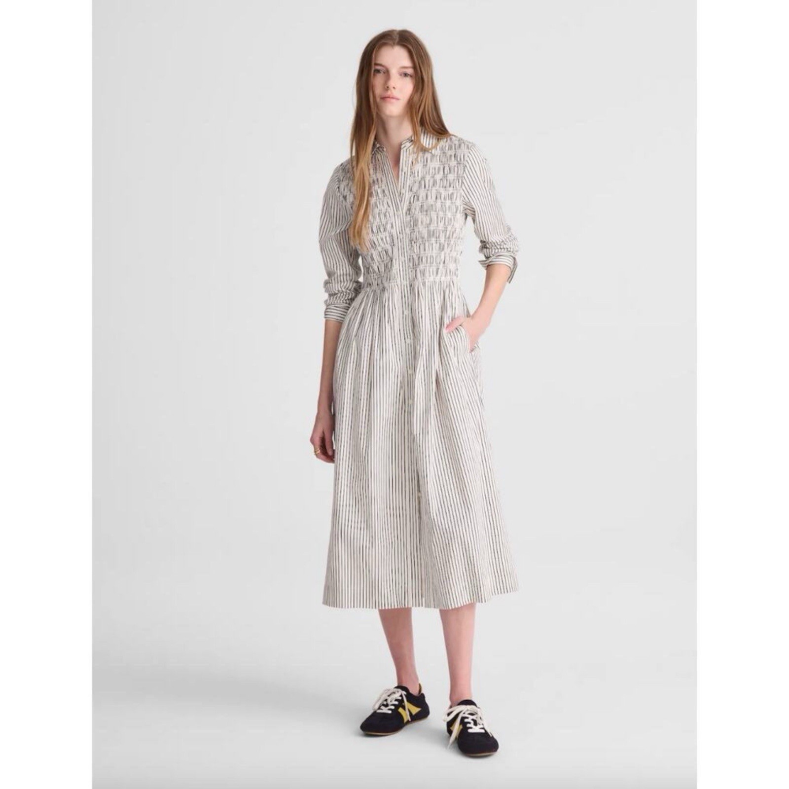 Madewell Smocked Midi Shirtdress in Poplin Large NEW White Black Stripe Pockets