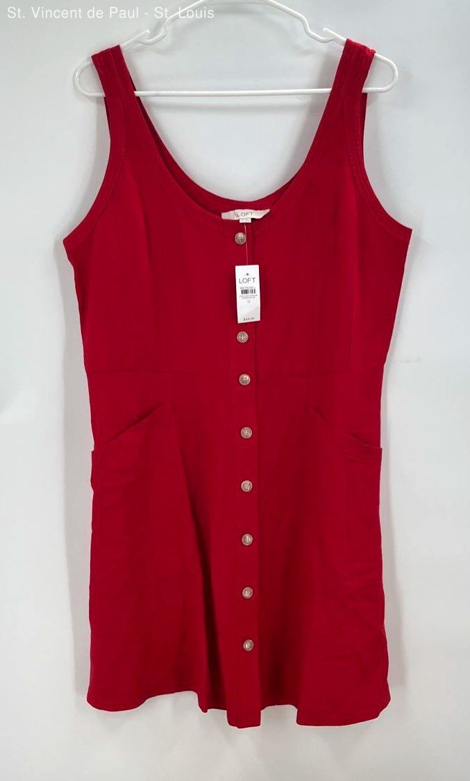 Loft Womens Mini Dress Red Button Front Sleeveless Linen Blend Pockets Size 12