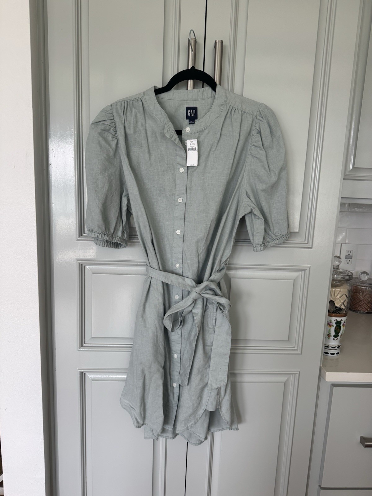 GAP Women’s Linen Shirt Dress Green Button Front Belted Puff 3/4 Sleeve L