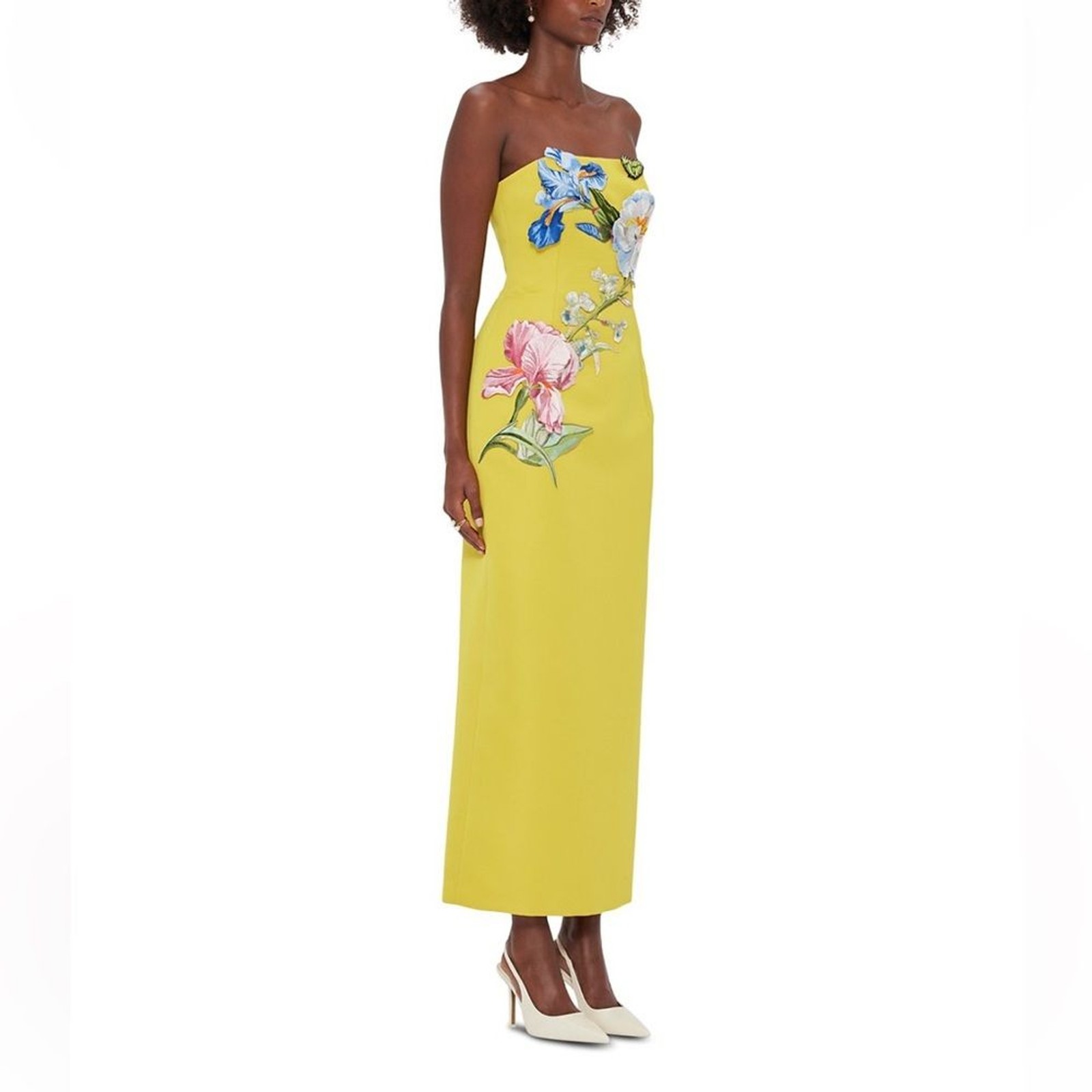 Leo Lin Rayna Floral Appliqué Bustier Maxi Dress Yellow Strapless Luxury US 2