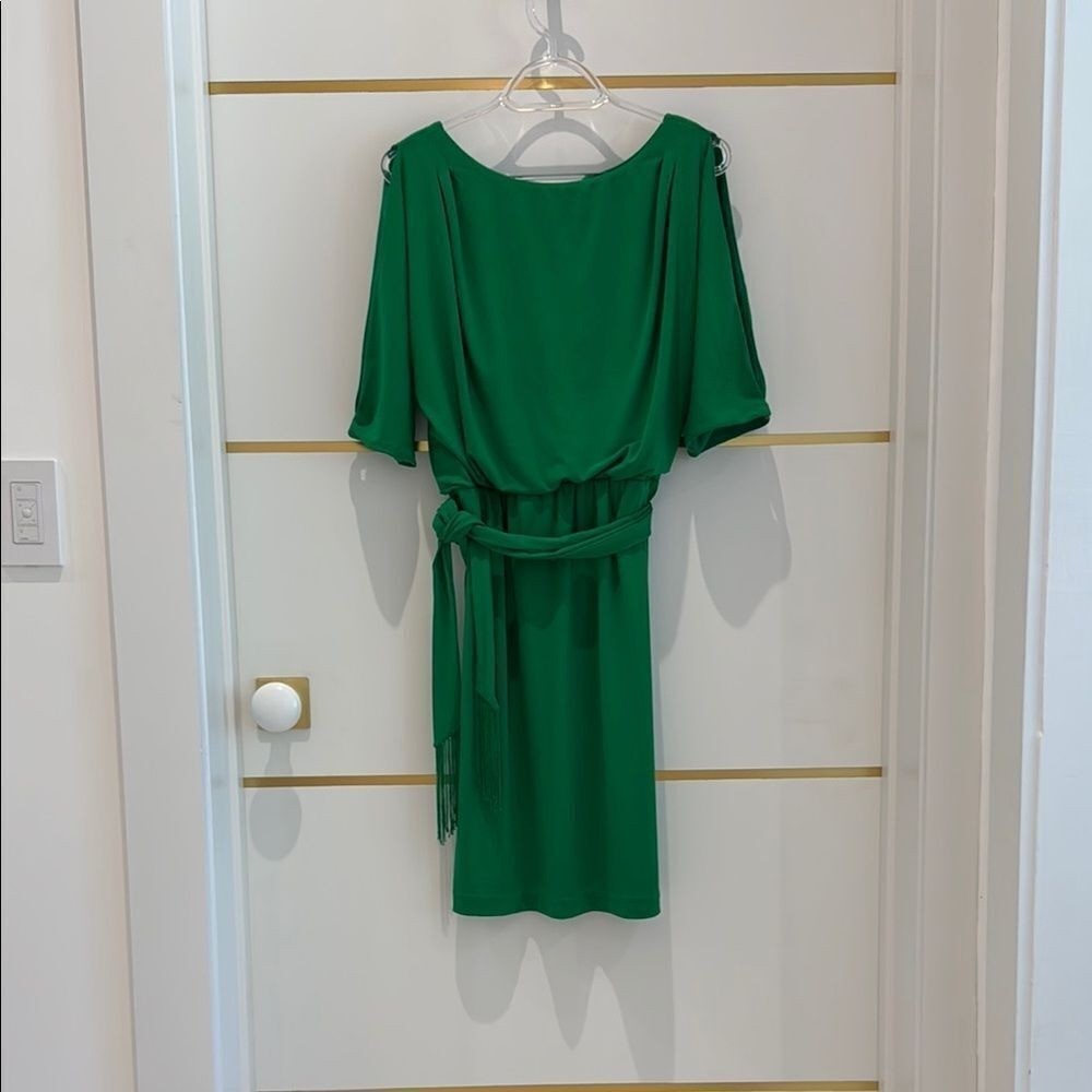 NEW YORK & CO Kelly green belted tassel open sleeve dress holiday party dress XS