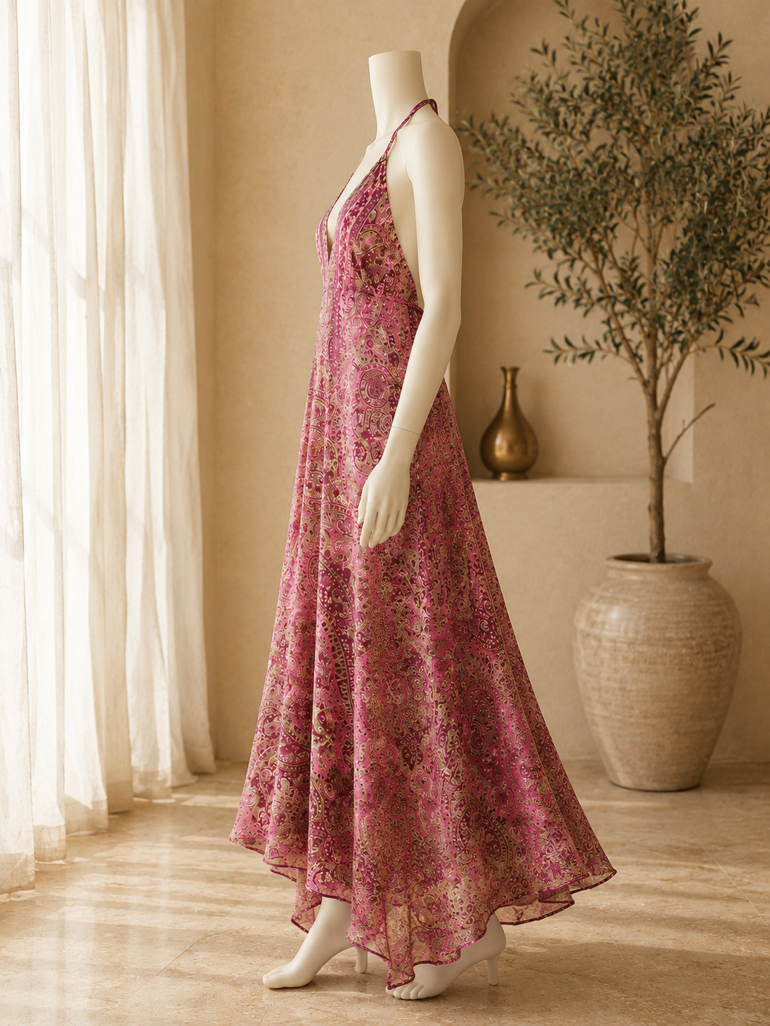 Women’s Boho Maxi Dress Paisley Halter Beach Sundress Summer Vacation Dress