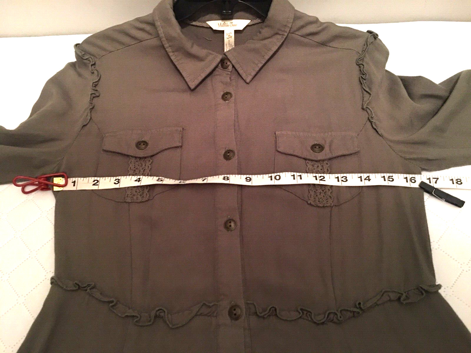 Matilda Jane Dress Button Women Medium Green Tree Canopy Roll Tab Slv Hi Lo Hem