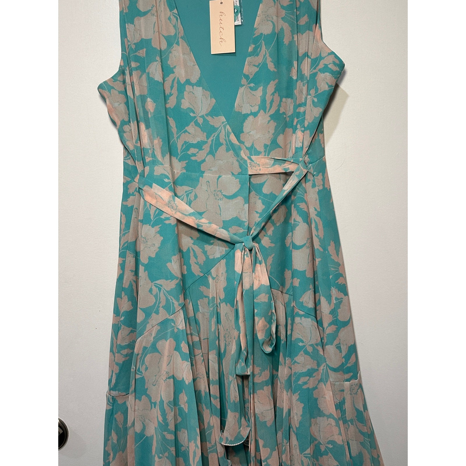 Hutch Trinity Ruffled Chiffon Wrap Maxi Dress Teal Floral Size Large NWT Wedding