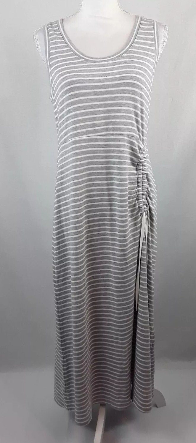 CAbi Maxi Dress Easy Style #5974 Medium Grey White Stripe Ruching Stretchy Comfy