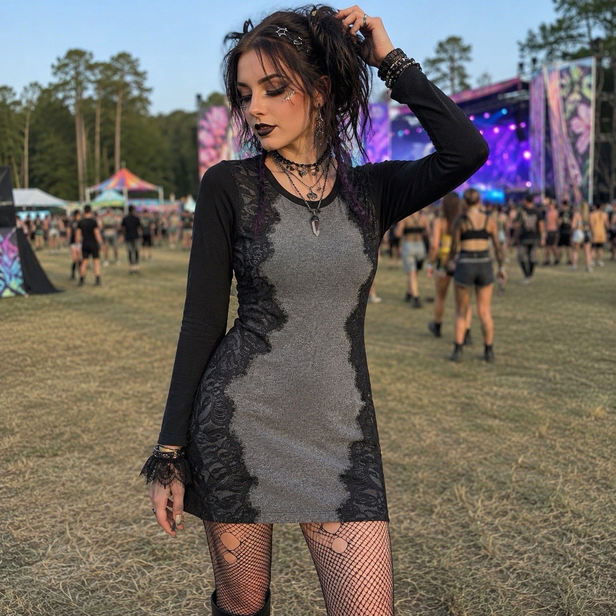 Y2K By & By Sz M Whimsigoth Lace Bodycon Sweater Dress Goth Rave Indie Sleaze