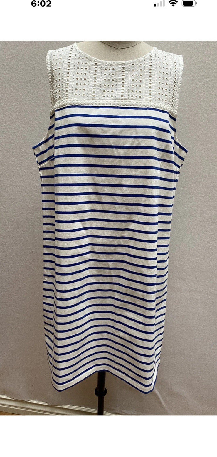 New J.CREW Blue/White Striped Eyelet Yoke Shift Knee Length Sleeveless Dress L